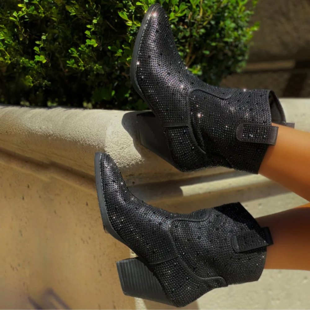 ✧LAST PAIR 5.5✧ Black Rhinestone Bling Cowboy Western Ankle Boots